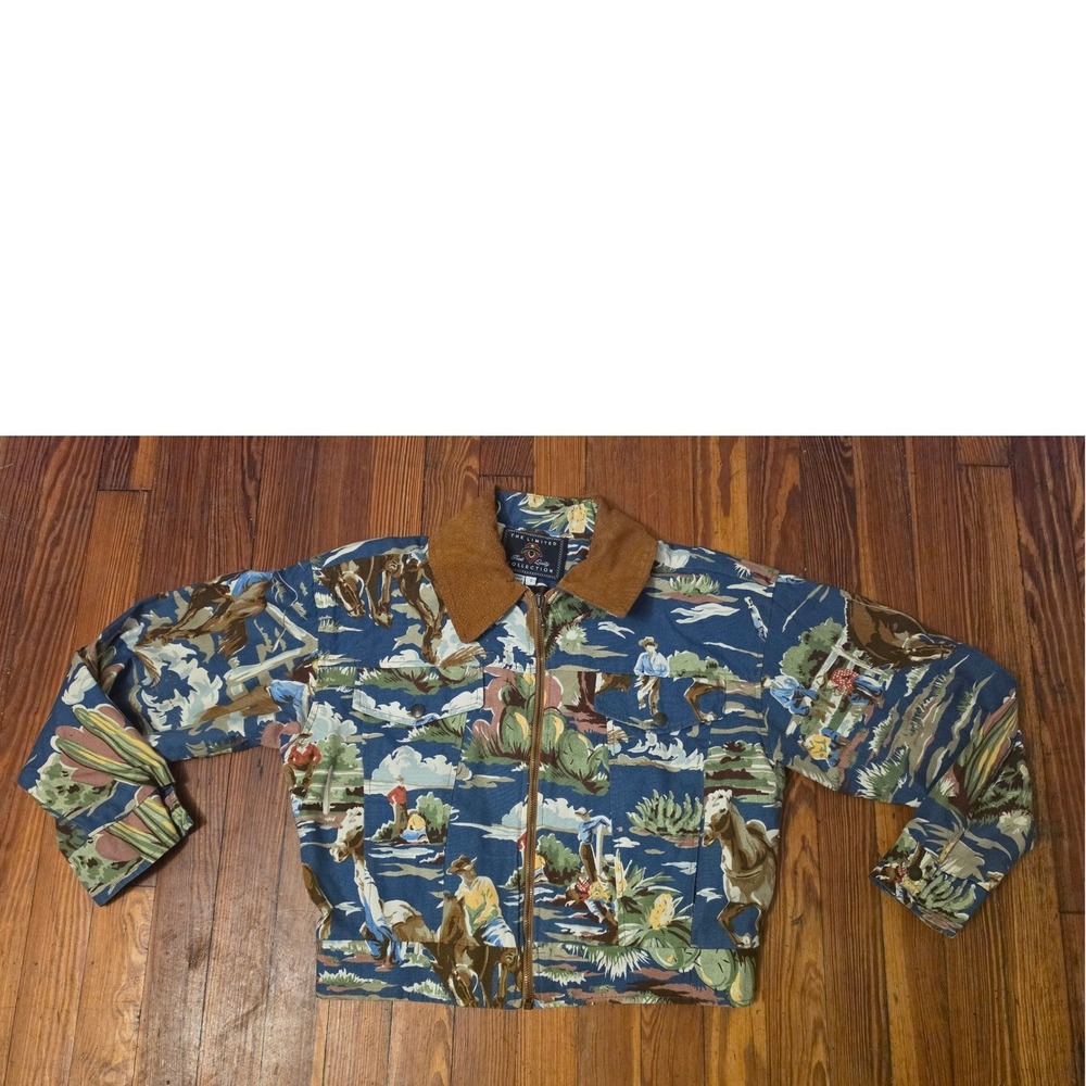 The Limited Forenza Vintage Western Cowboy Landscape Print Zip Jacket Blue S